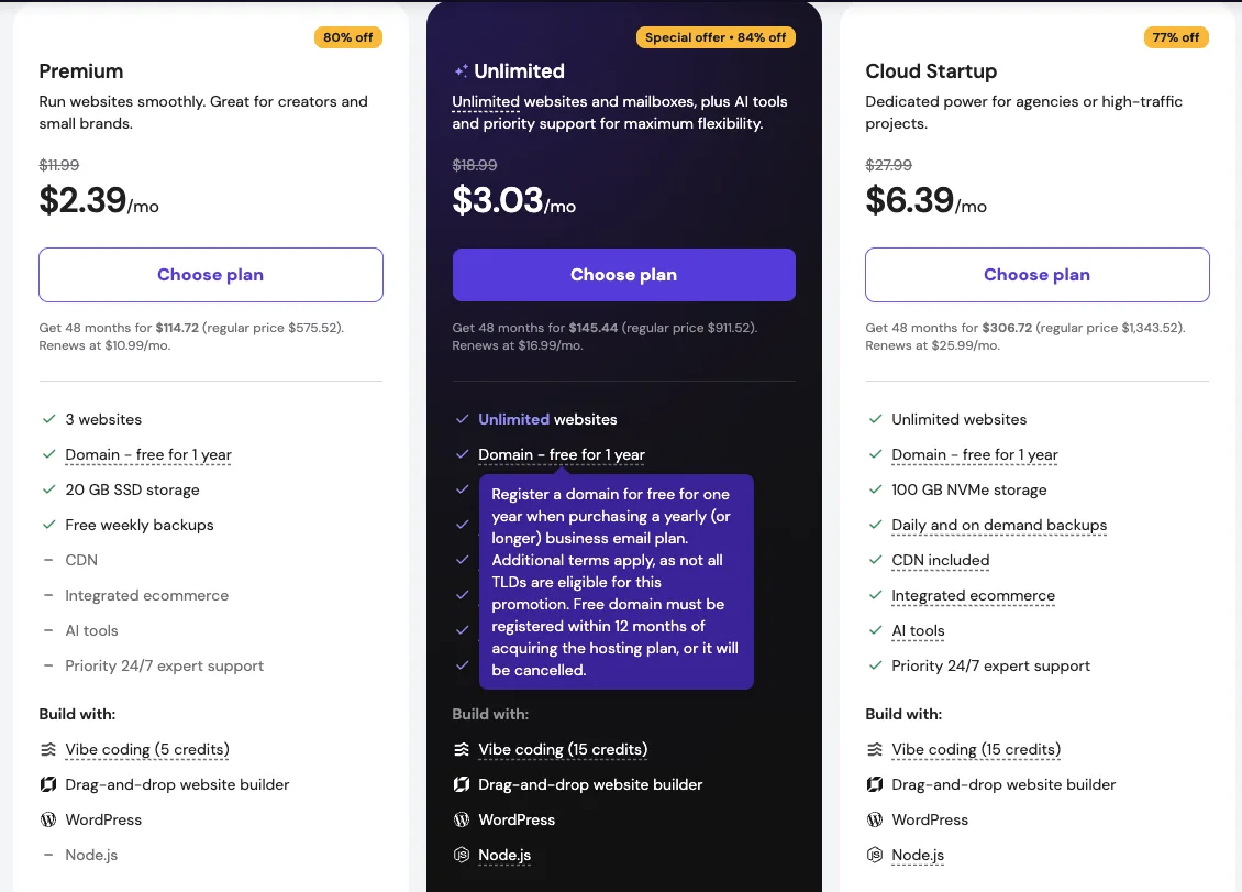 Hostinger定价:Premium $2.39/月,Unlimited $3.03/月,Cloud Startup $6.39/月