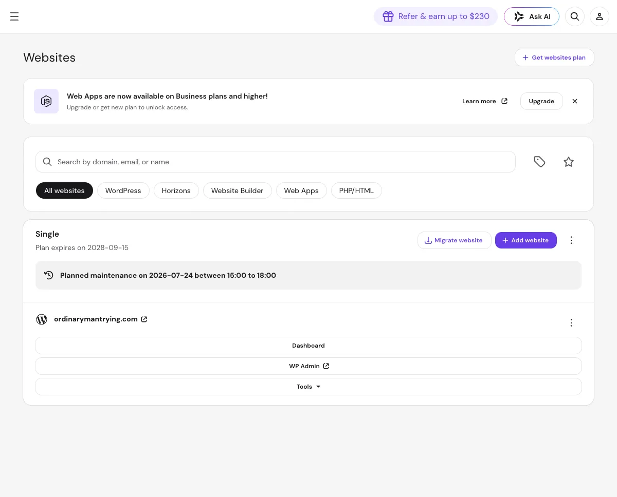 Hostinger网站管理页面