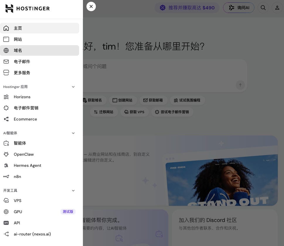 点击Hostinger网站和域名管理