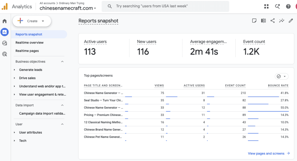独立站Google Analytics新网站流量和用户参与度SEO数据